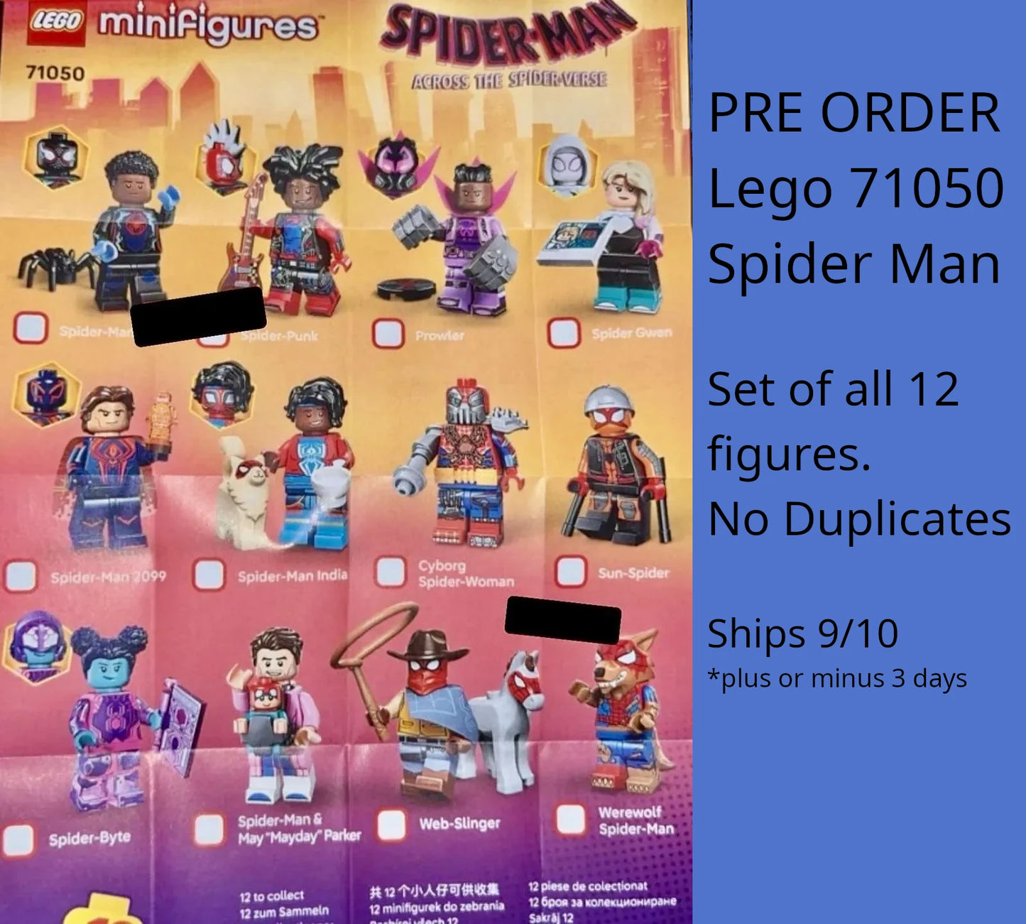 PRE-ORDER Lego 71050 Minifigures Spiderman Across the Spider Verse (Set of all 12 figures)